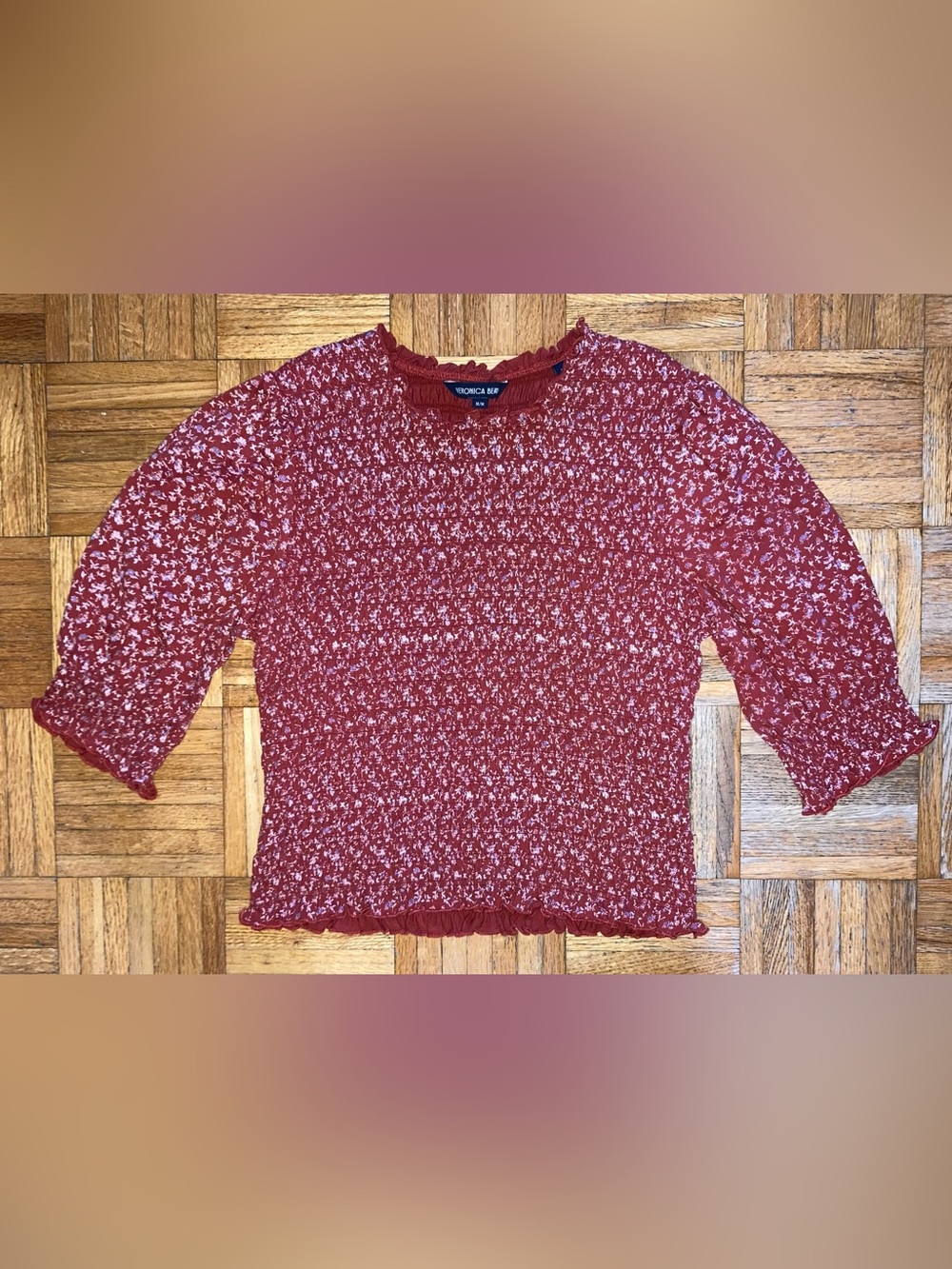 Veronica Beard Maroon Floral Smocked Puffed Sleeve Cotton Top M